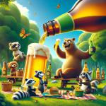 DALL·E 2023-12-23 09.45.27 - A humorous take on beer photography featuring a group of cartoon animals enjoying a picnic with oversized beer bottles. The setting is a sunny park wi.png